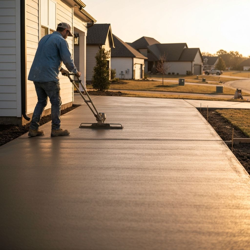 Concrete finisher smoothing a freshly poured driveway in Rogers, Arkansas